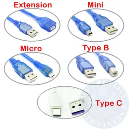 USB Mini Micro Extension Type A B Transparent Blue Printer Cable Compatible with Phone Arduino ESP32 STM32