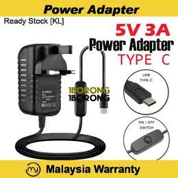 UK 3 Pin Plug 5V 3A Type C Power Supply Adapter with On / Off Button